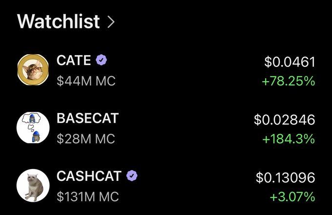 A "Watchlist" interface displays three cat-themed meme coins—CATE ($0.0461, +78.25%, $44M MC), BASECAT ($0.02846, +184.3%, $28M MC), and CASHCAT ($0.13096, +3.07%, $131M MC)—highlighting CASHCAT as the featured token in line with the post's call to "Put the cash in the Cat $CASHCAT."