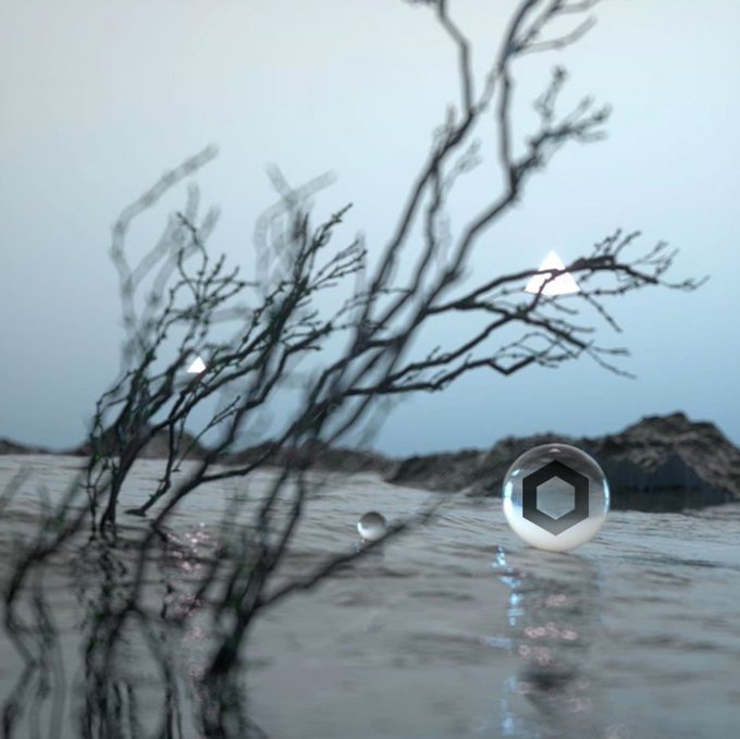 A surreal, moody digital artwork showing bare, twisted tree branches reflected in rippling water, with a floating glass sphere bearing a hexagonal symbol in the foreground.