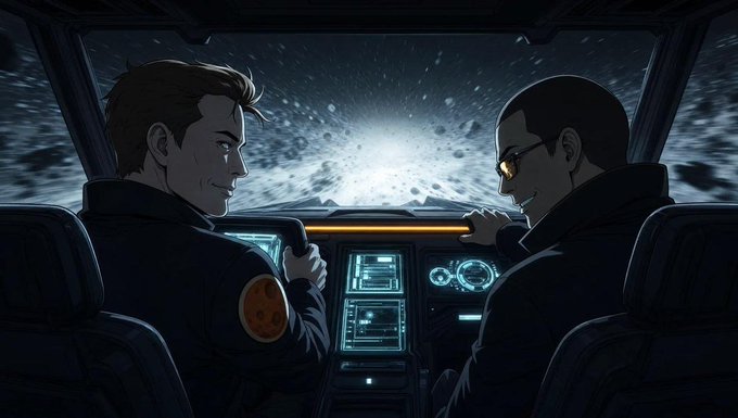 Two pilots grin mischievously while piloting their spacecraft through a chaotic asteroid field, with the dashboard's glowing blue displays and a visible smiley-face emblem hinting at their playful approach to danger. The scene captures the reckless "Accelerate" spirit of the MarsCoin post, suggesting that boldly charging into hazards is the only way to navigate this crypto journey.