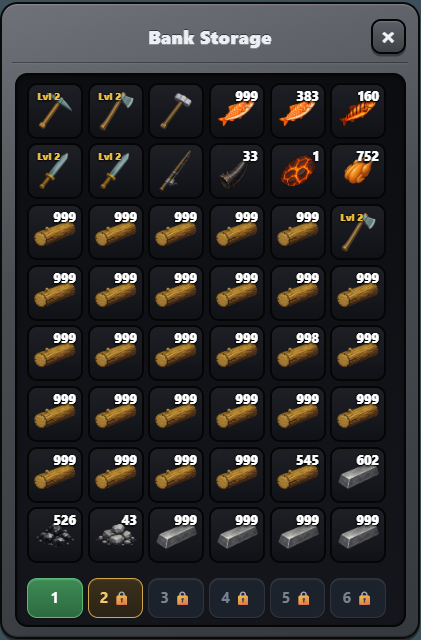 Game inventory screen titled "Bank Storage" showing mostly logs (999 quantity) alongside weapons like axes and swords, fish, and ore, with tab 2 currently selected.