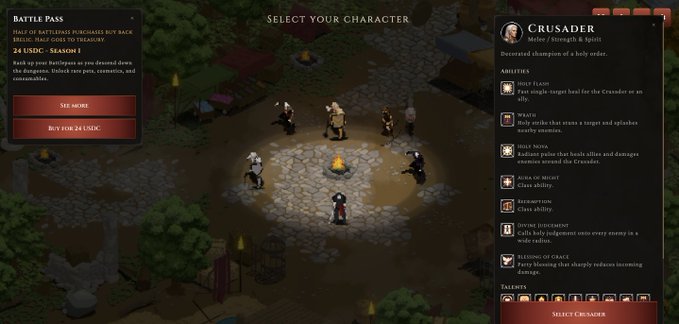 A character selection screen from an isometric video game, showing the "Crusader" class with abilities like Holy Flash, Wrath, and Divine Judgment, alongside a battle pass purchase prompt for $4.99.