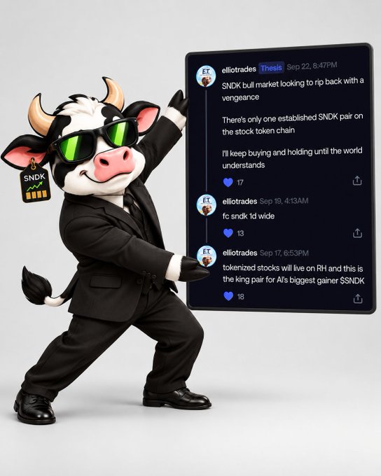 A cartoon cow character wearing a black suit, green sunglasses, and an SNDK tag, posing next to social media posts from 'elliotrades' discussing the SNDK token and tokenized stocks on the stock token chain.