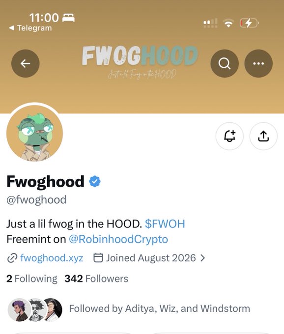A Telegram profile for verified "Fwoghood" (@fwoghood) NFT project shows 342 followers and was joined in August 2026, with the bio reading "Just a lil fwog in the HOOD. $FWOH Freemint on @RobinhoodCrypto." This matches the post highlighting early alpha on the Fwoghood project being shilled at 342 followers on the Robinhood chain.