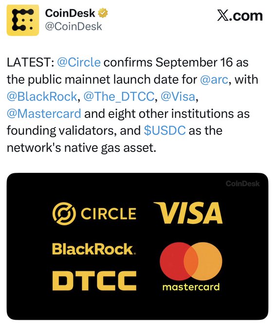 A CoinDesk tweet announces that Circle confirms September 16 as the public mainnet launch date for Arc, featuring BlackRock, DTCC, Visa, Mastercard, and eight other institutions as founding validators, with USDC as the network's native gas asset. The image relates to "$LINK is how" by highlighting Circle's Arc blockchain launch, which could be linked to Chainlink's interoperability role in connecting these major financial institutions.