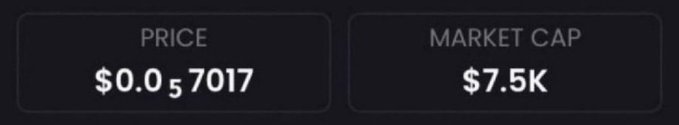 A dark dashboard displaying a token price of $0.057017 and market cap of $7.5K.