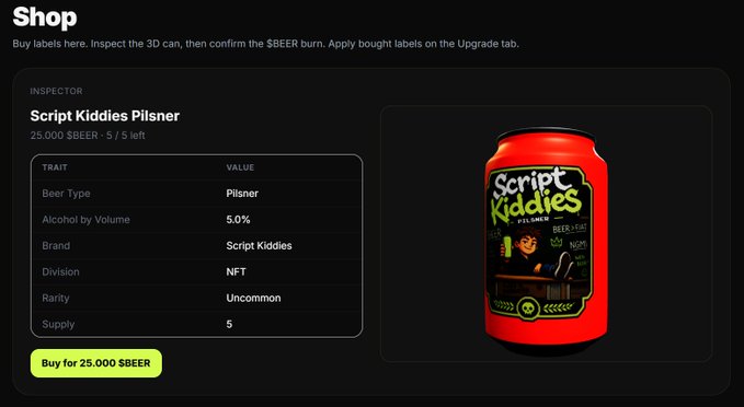 A shop interface for a digital collectible 'Script Kiddies Pilsner' NFT, priced at 25,000 $BEER, showing an Uncommon Pilsner with 5.0% alcohol by volume and 5 supply remaining.