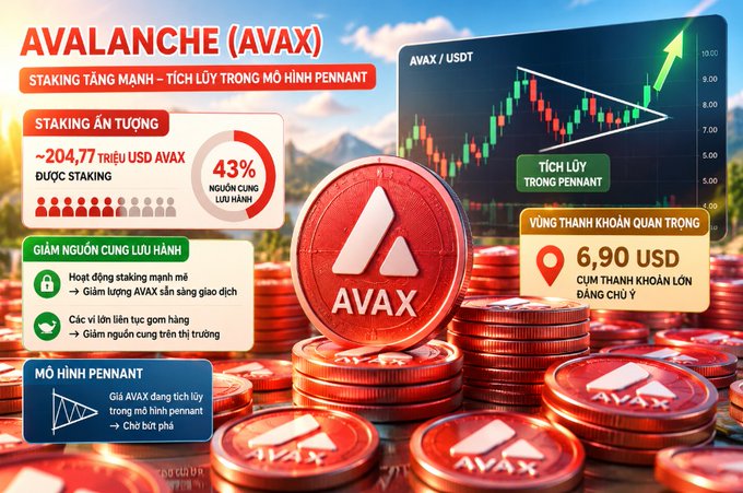 A promotional graphic for Avalanche (AVAX) cryptocurrency in Vietnamese, highlighting staking of approximately 204,770 AVAX, 43% reduced circulating supply, a pennant chart pattern showing accumulation, and a strong support zone at $6.90 USD.