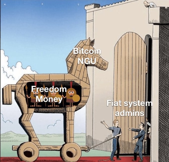 A cartoon parody of the Trojan Horse, labeled 'Bitcoin NGU' approaching the gates of a city defended by 'Fiat system admins,' with 'Freedom Money' depicted as little creatures inside the horse.