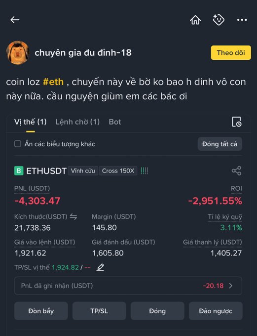 "I see a lot of guys starting to curse already According to you guys, can this LongETH order make it back to shore or is it gonna burn I think 80% chance it'll burn I think we should wait for people who say 'wait' and 'boards now". Focus on what the image suggests about the post in relation to the comments made by the individuals involved.