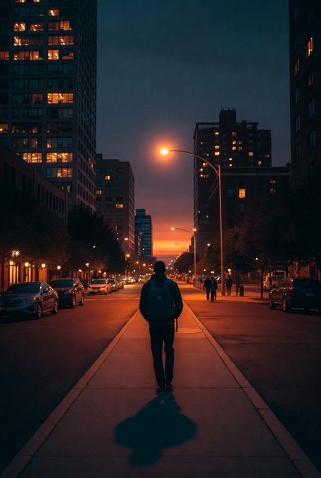 The image features a man walking down a city street at night, carrying a backpack as he walks away from the camera. The scene takes place in front of tall buildings that are lit up with bright lights, creating an urban atmosphere. There are several cars parked along the street and traffic lights visible in the background. The post is about a digital collection called "Gn Creators @NucleusCodes x @quipnetwork Network: Rewarding Real Community Participation". This collection focuses on rewarding real community participation through digital content creation, which can be accessed by anyone with an internet connection.