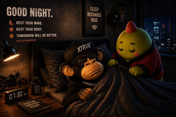 Stylized nighttime bedroom scene with a Bored Ape wearing an 'XTRUE' cap in bed next to a small green mascot, featuring text 'GOOD NIGHT. REST YOUR MIND. REST YOUR BODY. TOMORROW WILL BE BETTER.' and '@SLEEPAGOTCHI' watermark.