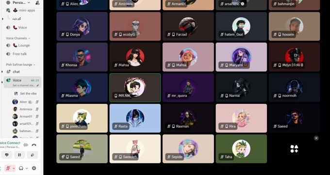 A screenshot of a Discord voice channel called 'Pish Saftan lounge' showing a grid of user avatars with names like Allen, Amireza, Donya, ecobyG, Farzad, hossein, Miasma, and others, with a sidebar showing channel options like 'mini apps', 'Voice', 'Lounge', and 'chat'.