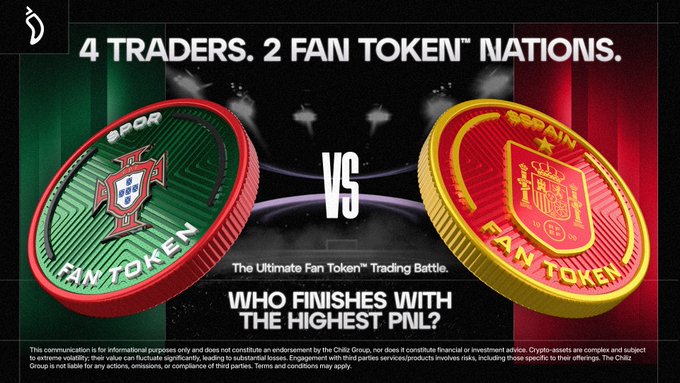 The image is a promotional graphic for "The Ultimate Fan Token Trading Battle," featuring Portugal and Spain Fan Tokens with text reading "4 TRADERS. 2 FAN TOKEN™ NATIONS." and "WHO FINISHES WITH THE HIGHEST PNL?" 

This graphic directly supports the post by visually previewing the upcoming live trading event, showcasing the two competing Fan Tokens (Portugal vs. Spain) and highlighting the central challenge—determining which of the 4 traders will achieve the highest PnL—building anticipation for the 24-hour countdown to kick-off.