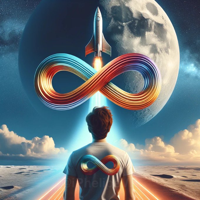 An artistic illustration of a person wearing an infinity symbol t-shirt, looking up at a rocket launching with a large rainbow-colored infinity symbol against a moon backdrop.