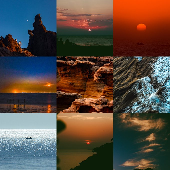 A three-by-three collage of nine square photographs showcases various seascapes and sunsets, featuring rocky cliffs, ocean waves, a small boat on shimmering water, and atmospheric skies in hues of orange, red, and blue.