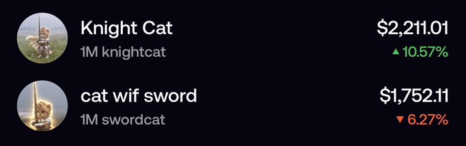 A cryptocurrency tracker showing 'Knight Cat' at $2,211.01 with a 10.57% increase and 'cat wif sword' at $1,752.11 with a 6.27% decrease.