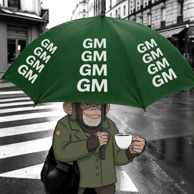 A cartoon monkey in military uniform holding a green umbrella covered in 'GM' text and a steaming cup, standing on a crosswalk with 'GM' repeated on its jacket patch.