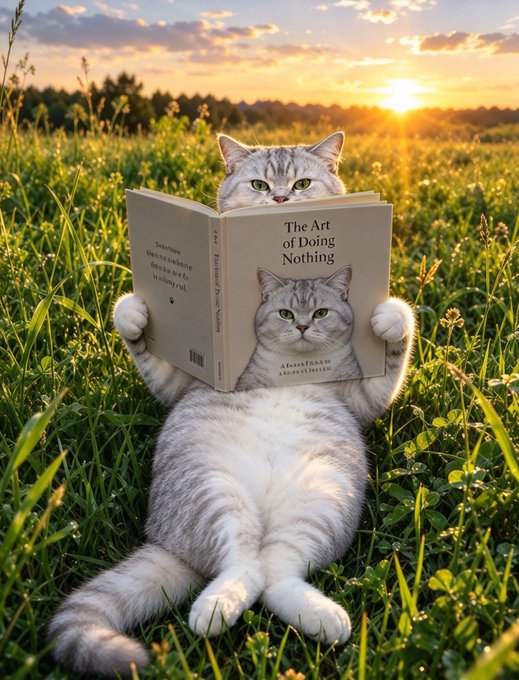 A grey tabby cat lies on its back in a grassy field at sunset, holding open a book titled 'The Art of Doing Nothing' that features a cat on its cover.