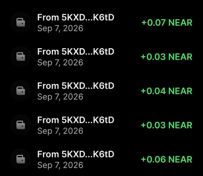 The image shows five incoming NEAR token transactions from a wallet (address starting with 5KXD...K6tD) on September 7, 2026, with rewards of 0.07, 0.03, 0.04, 0.03, and 0.06 NEAR respectively, illustrating the "hold coins that drop you better coins" concept by demonstrating small but consistent free token distributions (airdrops) received simply for holding.