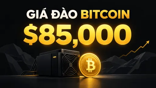 A graphic with Vietnamese text 'GIẢ ĐÁO BITCOIN' and '$85,000' in large gold letters, alongside a Bitcoin coin and what appears to be a mining rig.