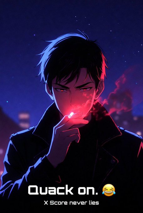 The image features a man smoking a cigarette while wearing a leather jacket, with a cartoon-like style. Below him, there's text that reads "Quack on." The caption below the image states "X Score never lies," which could be interpreted as a humorous or motivational message related to the post about Quack on.