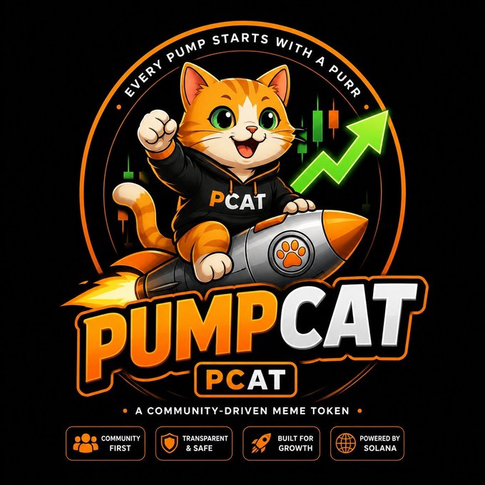 A vibrant promotional graphic for the $PCAT meme token features a cheerful orange cat wearing a hoodie labeled "PCAT" while riding a rocket through a stock chart with an upward green arrow, set against a black background with the bold tagline "PUMPCAT — A COMMUNITY-DRIVEN MEME TOKEN" and trust badges highlighting "Community First," "Transparent & Safe," "Built for Growth," and "Powered by Solana," reinforcing the post's announcement of the token's fresh Solana debut and growing early momentum.