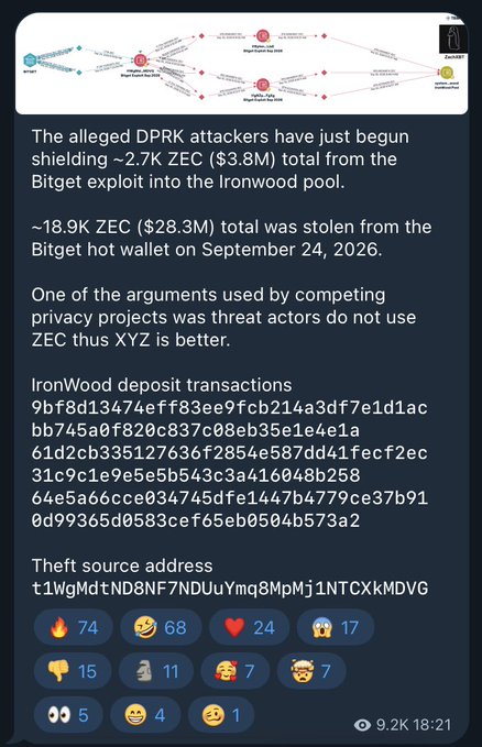 A social media post details the alleged laundering of ~2.7K ZEC (~$3.8M) stolen from the Bitget hot wallet into IronWood, listing transaction hashes and a theft source address.