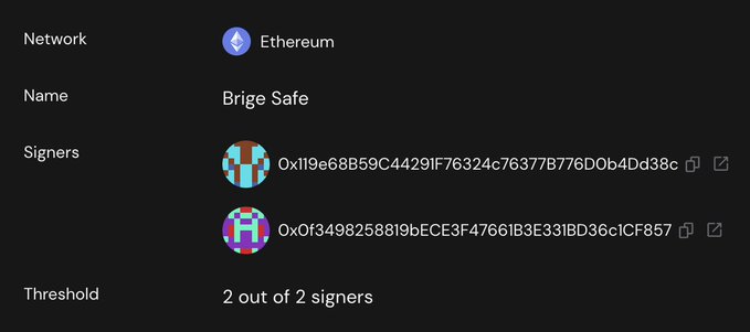 A digital interface showing Ethereum network details for a 'Brige Safe' with two signers and a threshold of 2 out of 2 signers.