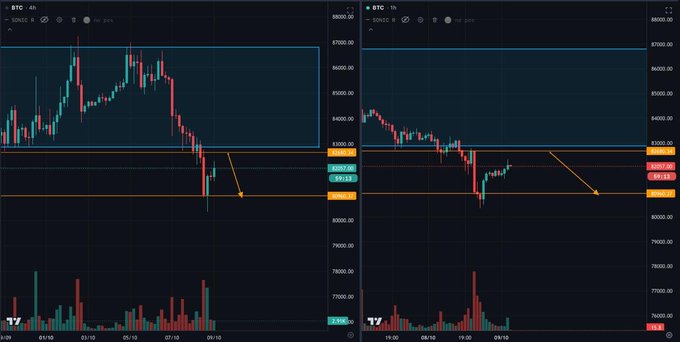 Two side-by-side candlestick trading charts display BTC (Bitcoin) price movements, with the left chart showing a 4-hour timeframe and the right showing a 1-hour timeframe, both featuring technical analysis annotations.
