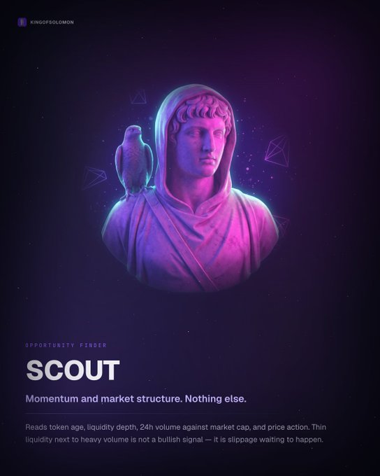 Purple-toned promotional graphic titled "SCOUT" by KINGOFSOLOMON featuring a hooded classical bust with an owl, reading "Momentum and market structure. Nothing else."