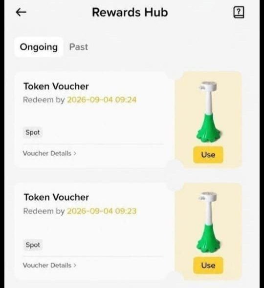 A screenshot of Binance's "Rewards Hub" page showing two unused "Token Voucher" rewards under the "Ongoing" tab, each redeemable by 2026-09-04 with "Use" buttons and "Voucher Details" options. The post highlights how Binance users can access token vouchers through the Rewards Hub feature.