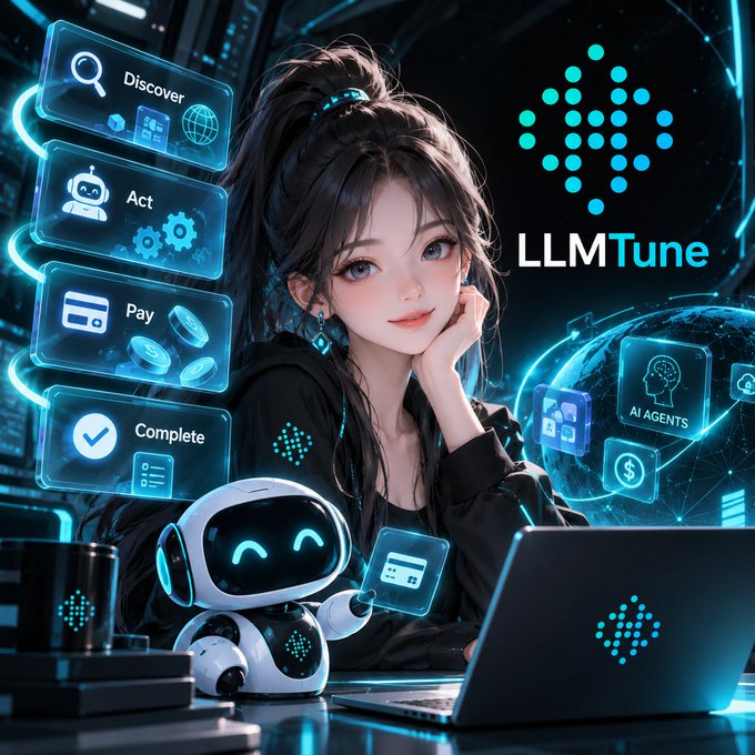An illustrated digital artwork featuring an anime-style woman with a robot companion surrounded by floating UI panels labeled 'Discover,' 'Act,' 'Pay,' and 'Complete,' alongside the 'LLMTune' logo and 'AI AGENTS' branding.