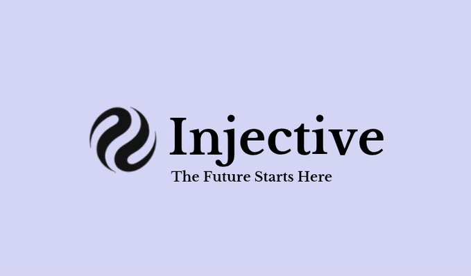 The image displays the Injective logo with the tagline "The Future Starts Here" on a lavender background. It relates to the post by reinforcing the Injective brand identity while highlighting the network's projected growth metrics in active addresses, block times, and transactions from 2022 to 2026.
