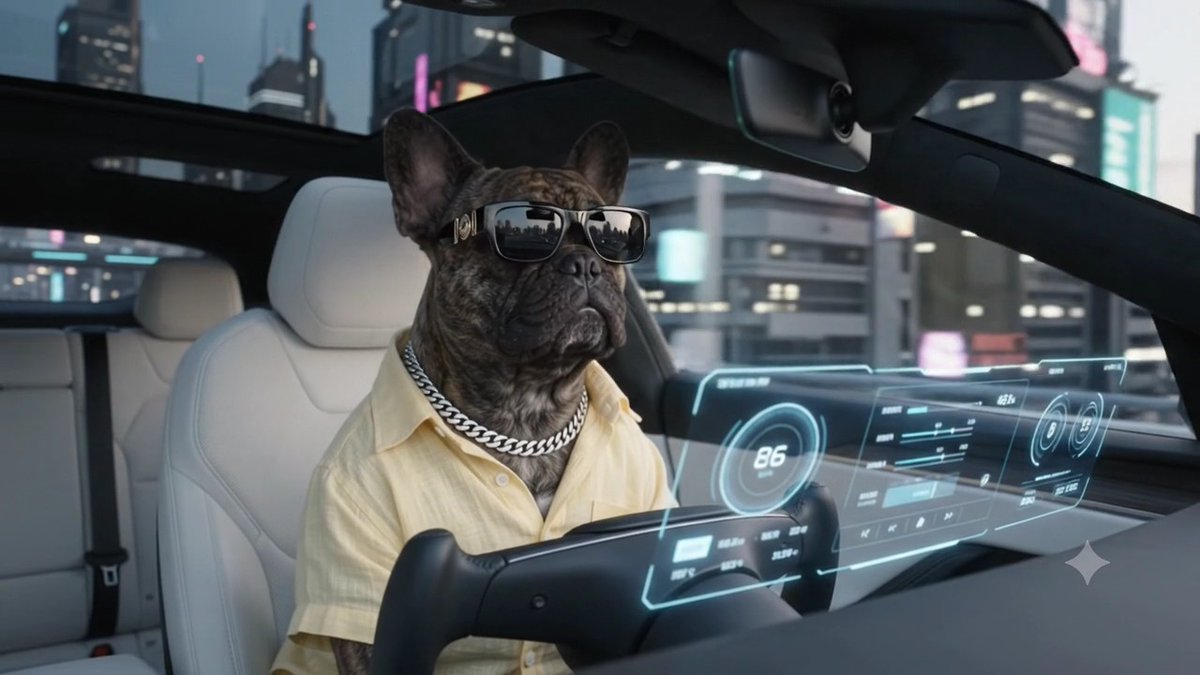 A dog wearing sunglasses, a chain necklace, and a yellow shirt sits in a futuristic car cockpit with a glowing dashboard and city view.