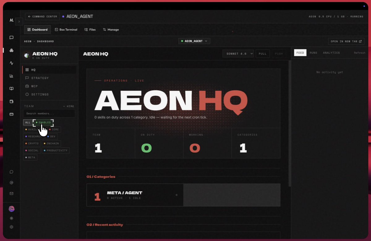 The image shows an open computer screen displaying a webpage with the text "Aeon Hq" at the top, along with some other information. The background of the image has a red hue, which stands out against the black color scheme of the screen. There is also a small portion of a person's hand visible in the bottom left corner of the image.

The post that this image belongs to reads: "Hurry up & run your aeon on @HivraOS". The main focus of the image seems to be on the webpage, and it appears to be related to the content displayed on the screen.
