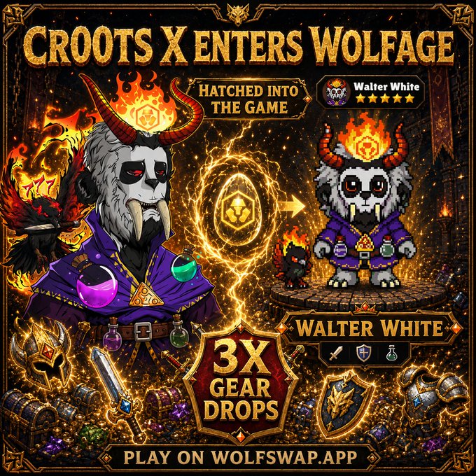 The image features a poster for a video game called "Wolfage" with two cartoon characters, Walter White and another character named Cr00ts NFT. The poster showcases the game's gameplay and its unique feature of the 3X gear drop. The text on the poster highlights that players can play on Wolfswap dotapp to experience this special effect in the game.