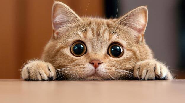 A golden-brown kitten with large eyes rests its paws on a table, looking forward.