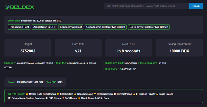 The image shows a Beldex blockchain explorer dashboard displaying block height 5752802, hard fork v21, and a BDX price of $0.075053 USD, with various transaction pool and network statistics.

The image appears unrelated to the post's topic about chat apps requiring personal information like phone numbers, as it instead depicts cryptocurrency blockchain data and network metrics with no overlap in subject matter.
