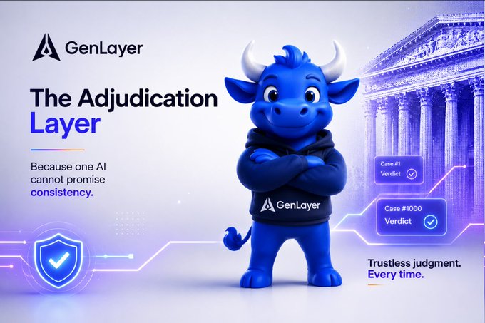 GenLayer promotional graphic featuring a blue bull mascot wearing a GenLayer hoodie, with text reading 'The Adjudication Layer - Because one AI cannot promise consistency. Trustless judgment. Every time.' alongside case verdict badges.