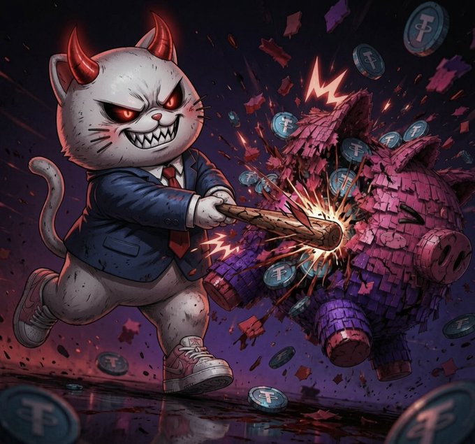 The image features a cartoon cat dressed as a businessman with a tie and red horns, holding a baseball bat and attempting to smash a piggy bank. The piggy bank is made of pink bricks and is being attacked by the cat's bat. The scene takes place in an office setting, with a desk and chair visible in the background. There are also coins scattered around the room, adding to the overall atmosphere of the image.