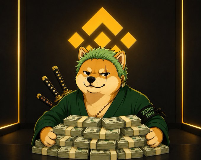An anime-style illustration of a Shiba Inu dog character dressed as the swordsman Zoro with green hair and swords on its back, sitting with stacks of money in front of the Binance logo, labeled 'ZORO INU'.