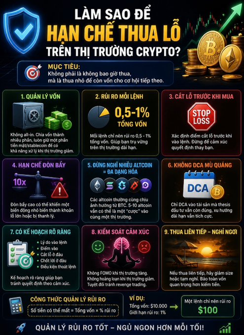 An infographic in Vietnamese titled 'LÀM SAO ĐỂ HẠN CHẾ THUA LỖ TRÊN THỊ TRƯỜNG CRYPTO?' providing nine tips for limiting losses in cryptocurrency trading, including risk management, stop losses, DCA, and risk-reward formulas.