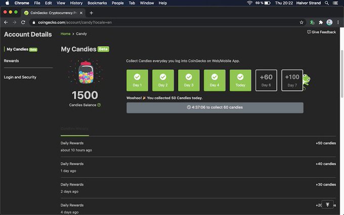 A screenshot of the CoinGecko 'My Candies' page showing a balance of 1500 candies, a 7-day daily check-in streak with today's reward of +60 candies, and a history of recent daily reward collections.