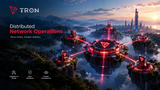 A promotional graphic for TRON cryptocurrency highlighting 'Distributed Network Operations' with text 'More nodes, Greater stability' and features 'Validators & Nodes,' 'More Resilience,' and 'Greater Transparency,' showing illuminated network nodes connected by red beams.