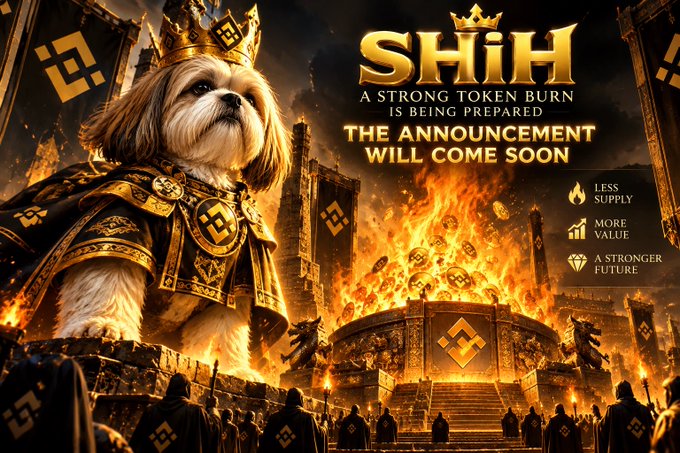 A promotional image for the cryptocurrency SHIH featuring a Shih Tzu dog dressed as a king in armor against a fiery background, with text reading 'SHIH A STRONG TOKEN BURN IS BEING PREPARED THE ANNOUNCEMENT WILL COME SOON.'