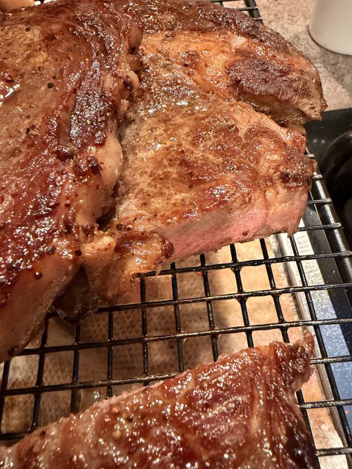 Two perfectly seared steaks rest on a wire cooling rack, glistening with juices and showing a beautiful browned crust, ready to be served after a chaotic evening with a tiny visiting dog named Bruno.