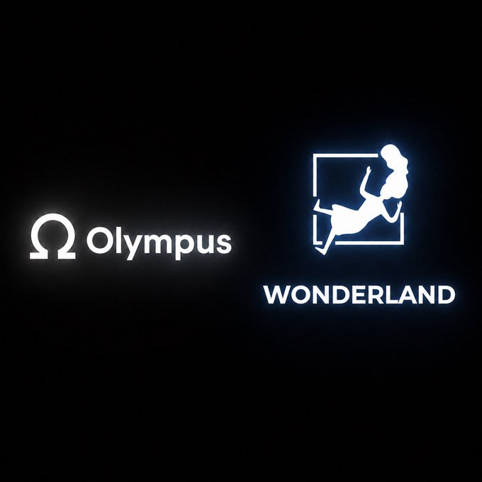 Two illuminated logos on a black background: 'Olympus' with its Greek symbol on the left, and 'WONDERLAND' with a silhouette of Alice falling through a square frame on the right.