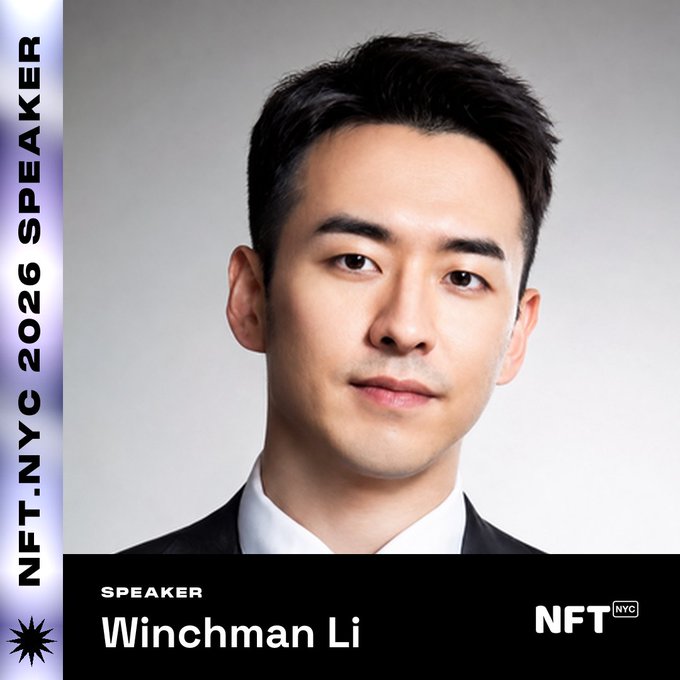 A promotional speaker graphic for NFT.NYC 2026 featuring a headshot of Winchman Li in a dark suit against a gray background, with "NFT.NYC 2026 SPEAKER" displayed vertically on the left and his name labeled at the bottom, tying into his nostalgic reflection about missing early BAYC and RTFKT events before eventually pursuing NFTs full-time.