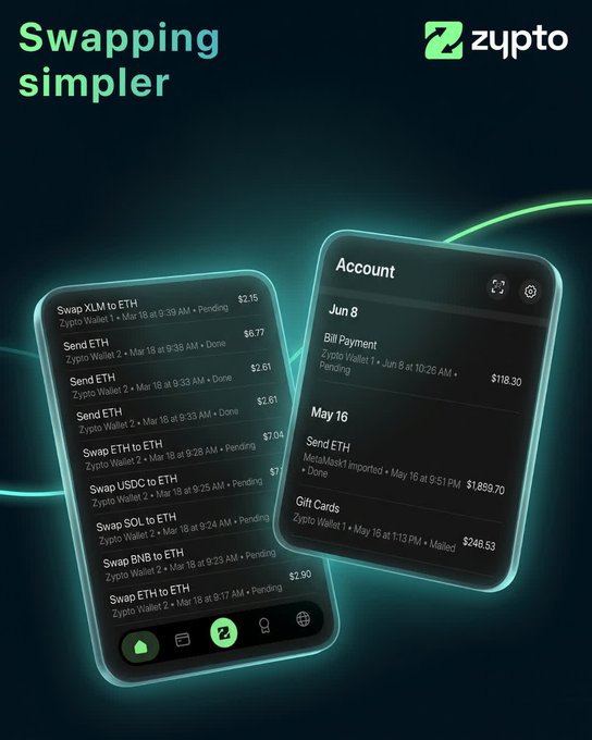 This image displays the Zypto app interface, showcasing a simplified transaction history with "Swapping simpler" as the headline and "Zypto" as the brand name. The app's features, like transaction history and account details, are visible on two phone screens, reflecting the post's emphasis on the app's user experience, simpler swapping, and transaction clarity.
