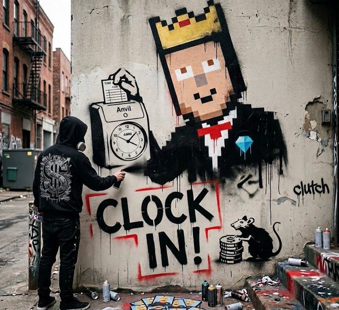 A street art scene showing a person in a dark hoodie spray-painting a graffiti mural on a wall, featuring a pixelated king character with a crown, an 'Anvil' clock, the text 'CLOCK IN!', a blue diamond, and a mouse with coins, signed 'clutch'.